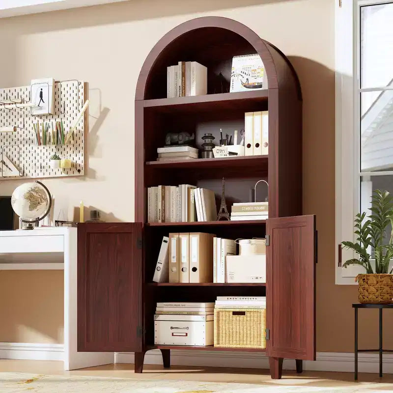 COZONY Arched Bookcase with Doors, 5-Tier Modern Bookshelf with Storage Cabinet, Open Display Shelf for Living Room Home Office