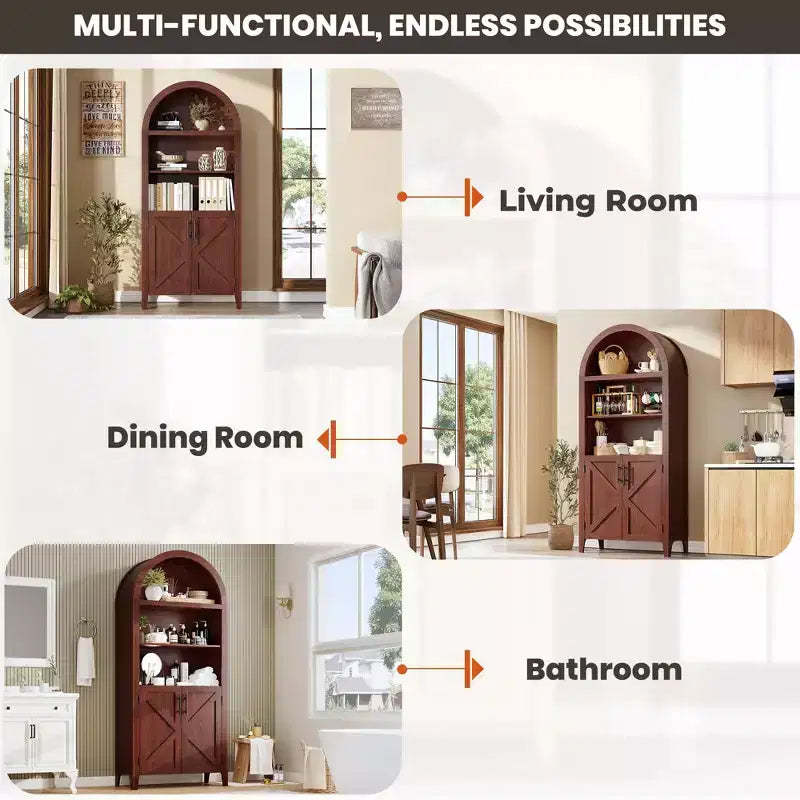 COZONY Arched Bookcase with Doors, 5-Tier Modern Bookshelf with Storage Cabinet, Open Display Shelf for Living Room Home Office