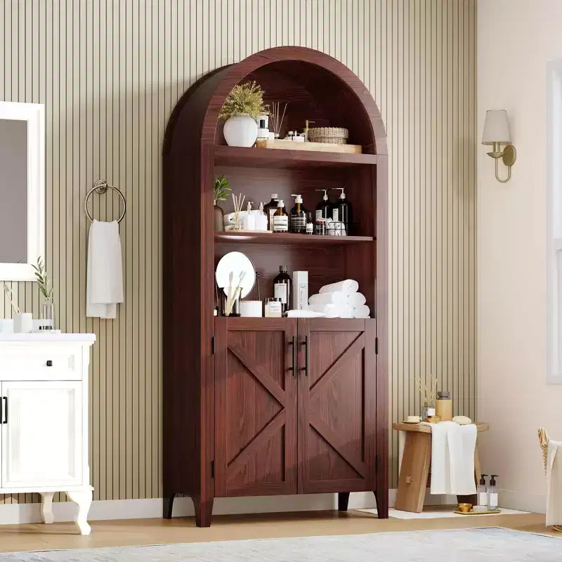 COZONY Arched Bookcase with Doors, 5-Tier Modern Bookshelf with Storage Cabinet, Open Display Shelf for Living Room Home Office