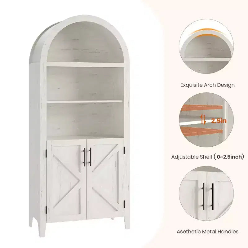 COZONY Arched Bookcase with Doors, 5-Tier Modern Bookshelf with Storage Cabinet, Open Display Shelf for Living Room Home Office