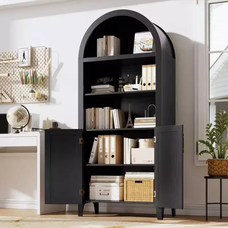 COZONY Arched Bookcase with Doors, 5-Tier Modern Bookshelf with Storage Cabinet, Open Display Shelf for Living Room Home Office