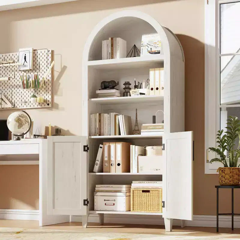 COZONY Arched Bookcase with Doors, 5-Tier Modern Bookshelf with Storage Cabinet, Open Display Shelf for Living Room Home Office