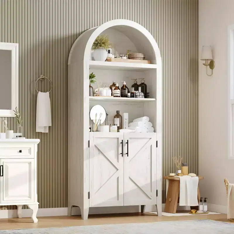 COZONY Arched Bookcase with Doors, 5-Tier Modern Bookshelf with Storage Cabinet, Open Display Shelf for Living Room Home Office