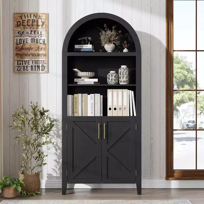COZONY Arched Bookcase with Doors, 5-Tier Modern Bookshelf with Storage Cabinet, Open Display Shelf for Living Room Home Office