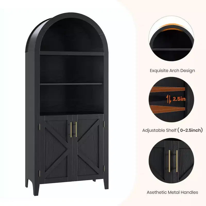 COZONY Arched Bookcase with Doors, 5-Tier Modern Bookshelf with Storage Cabinet, Open Display Shelf for Living Room Home Office