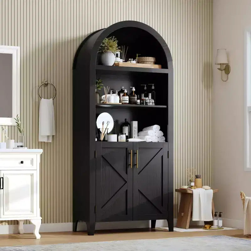 COZONY Arched Bookcase with Doors, 5-Tier Modern Bookshelf with Storage Cabinet, Open Display Shelf for Living Room Home Office