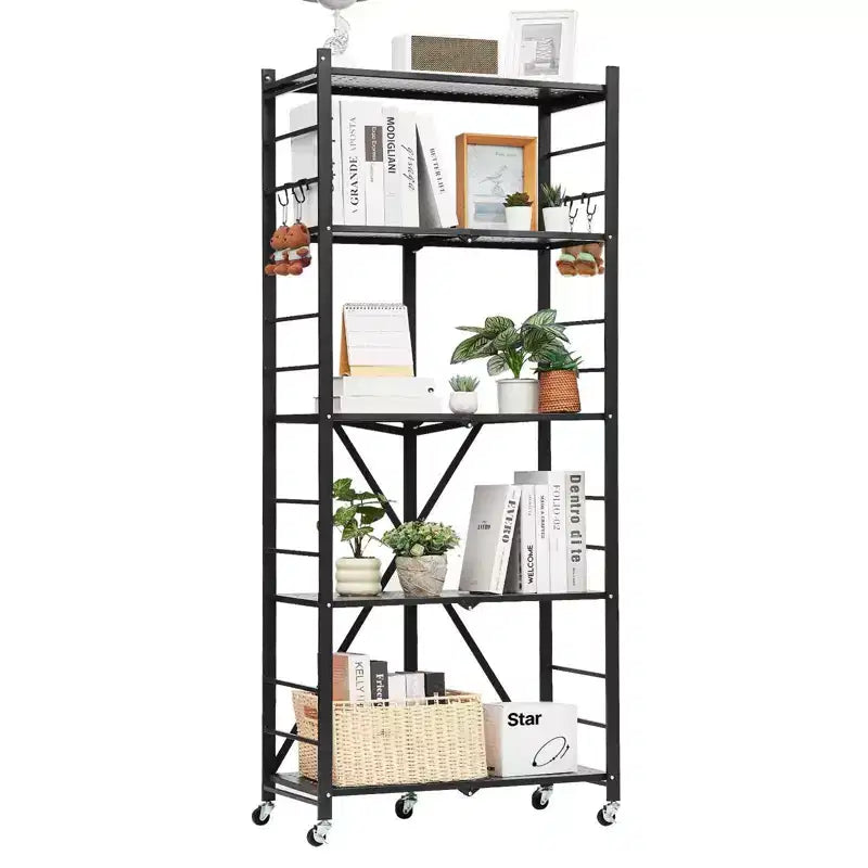 VIYET 5-Tier Foldable Storage Shelf with Wheels 28 x 13 x 66-inch Metal Shelving