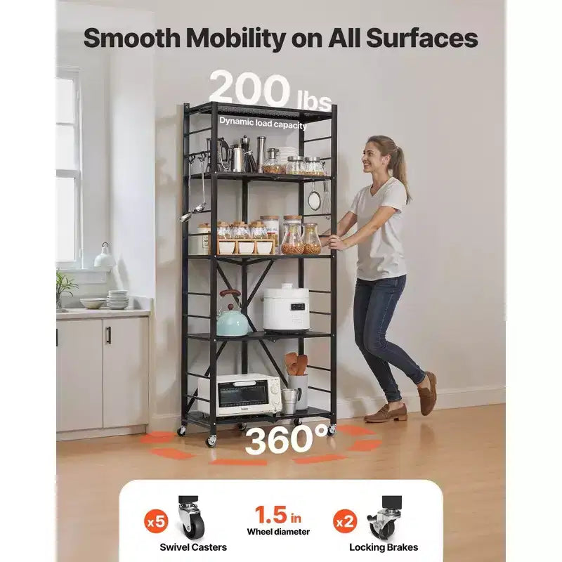 VIYET 5-Tier Foldable Storage Shelf with Wheels 28 x 13 x 66-inch Metal Shelving