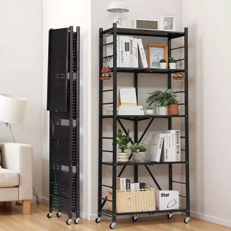 VIYET 5-Tier Foldable Storage Shelf with Wheels 28 x 13 x 66-inch Metal Shelving