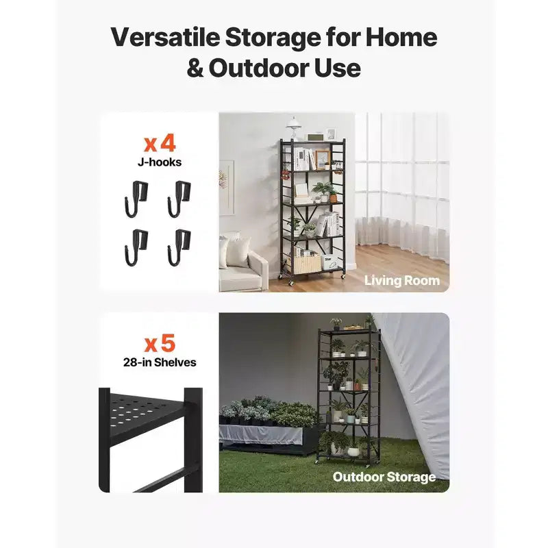 VIYET 5-Tier Foldable Storage Shelf with Wheels 28 x 13 x 66-inch Metal Shelving