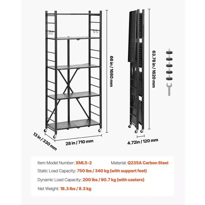 VIYET 5-Tier Foldable Storage Shelf with Wheels 28 x 13 x 66-inch Metal Shelving