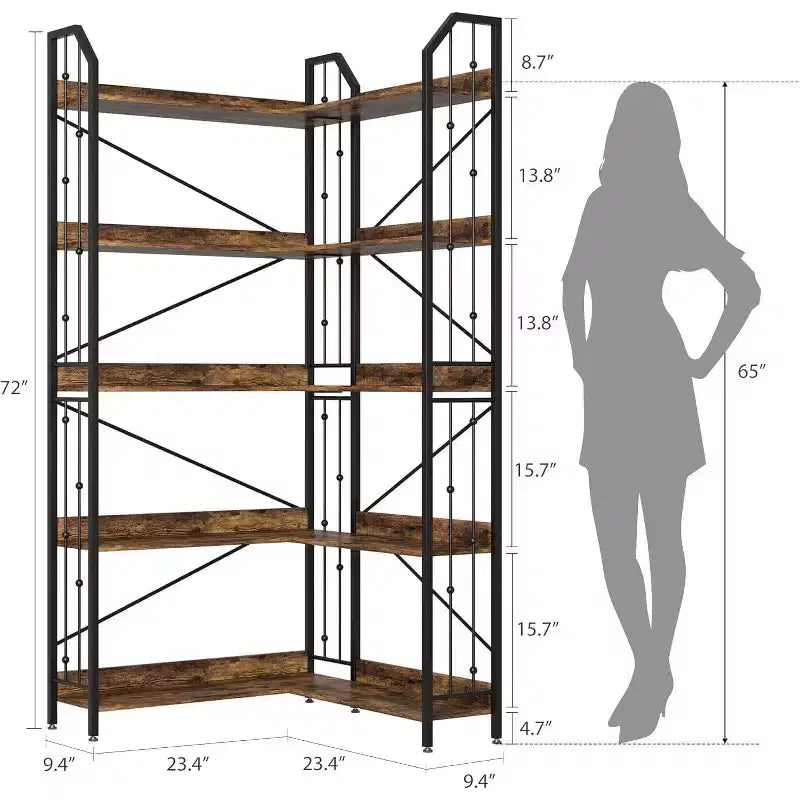 Corner 5 Tier Bookshelf, 72 l Shaped Tall Bookcase Shelf Storage Organizer, Modern Book Shelf for Bedroom, Living Room and Home Office