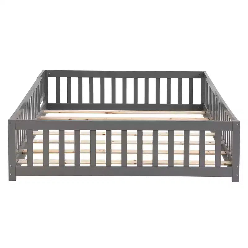 Queen Size Floor Bed with Door and Fence, Montessori Bed with Guardrails and Slats, Wood Platform Bed Frame for Girls and Boys