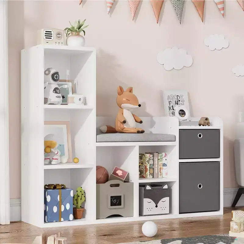 Acekool Wooden Kids Bookshelf, 5-Cubby Playhouse Bookcase with Storage Boxes, Organizer Shelf for Nursery Playroom Bedroom, White