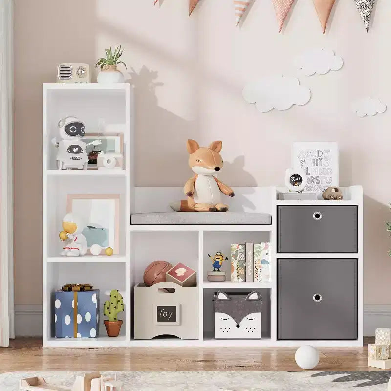 Acekool Wooden Kids Bookshelf, 5-Cubby Playhouse Bookcase with Storage Boxes, Organizer Shelf for Nursery Playroom Bedroom, White