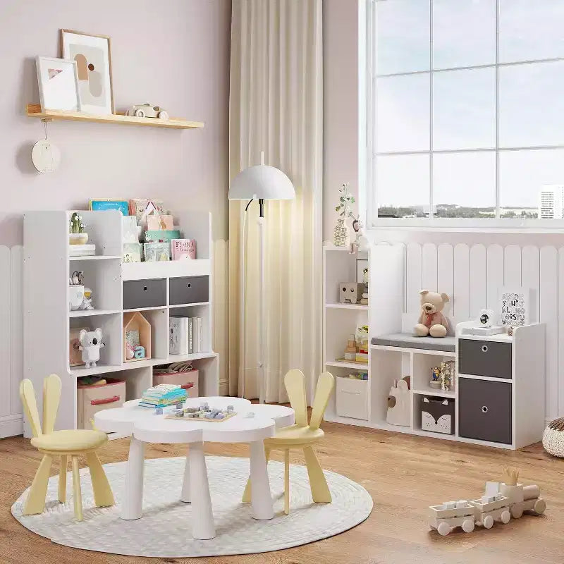 Acekool Wooden Kids Bookshelf, 5-Cubby Playhouse Bookcase with Storage Boxes, Organizer Shelf for Nursery Playroom Bedroom, White