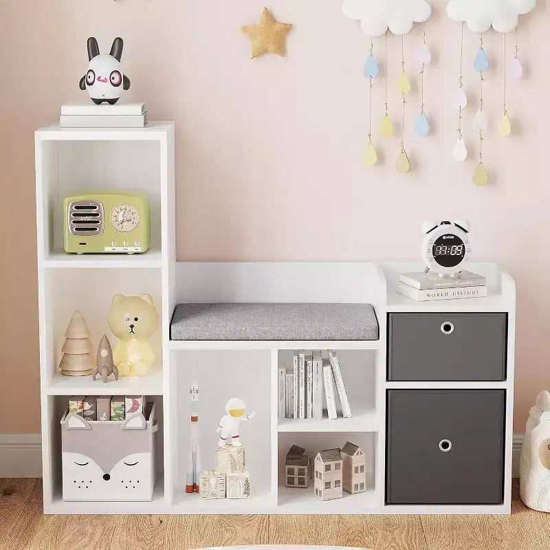Acekool Wooden Kids Bookshelf, 5-Cubby Playhouse Bookcase with Storage Boxes, Organizer Shelf for Nursery Playroom Bedroom, White