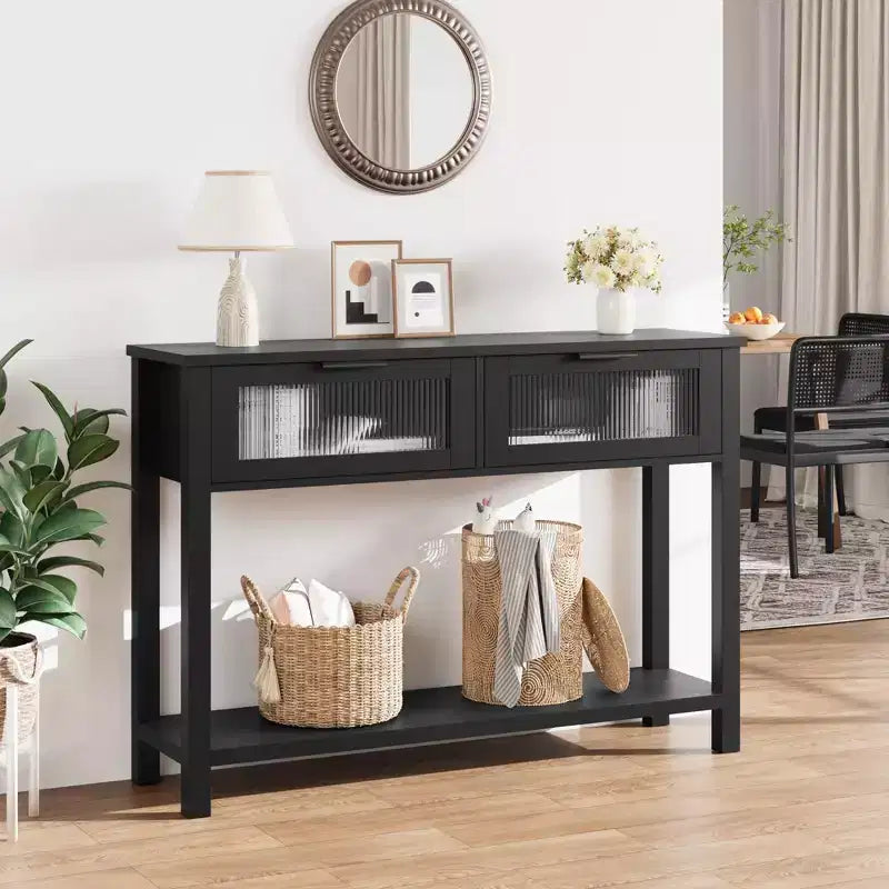 Entryway Table, Wood Console Table with 2 Glass Drawers, 2 Tier Sofa Table with Storage for Living Room, Foyer Tables for Entryway-Black