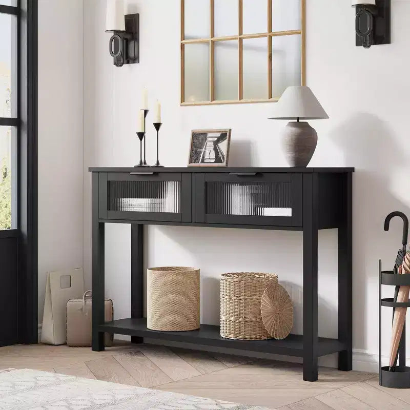 Entryway Table, Wood Console Table with 2 Glass Drawers, 2 Tier Sofa Table with Storage for Living Room, Foyer Tables for Entryway-Black