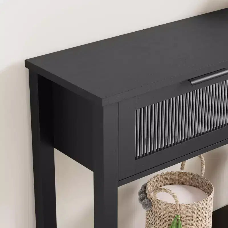 Entryway Table, Wood Console Table with 2 Glass Drawers, 2 Tier Sofa Table with Storage for Living Room, Foyer Tables for Entryway-Black
