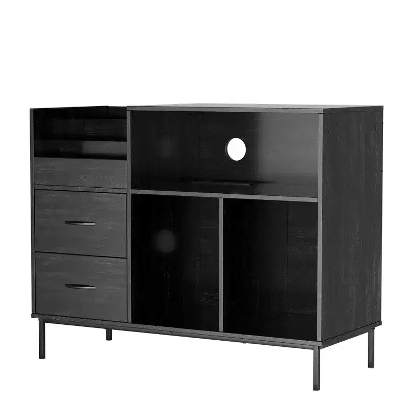 JVNOXK Eco-Friendly Flip-Top Turntable Stand - Wooden Vinyl Record Storage Cabinet with Dual-Socket Power Strip, Suitable for Living Room, Black