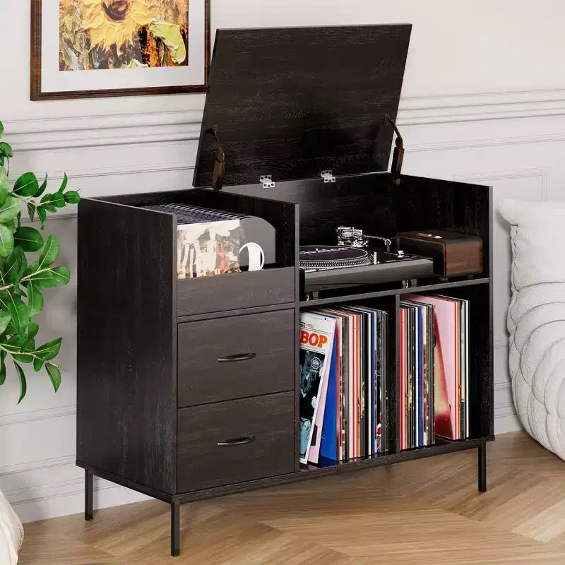 JVNOXK Eco-Friendly Flip-Top Turntable Stand - Wooden Vinyl Record Storage Cabinet with Dual-Socket Power Strip, Suitable for Living Room, Black