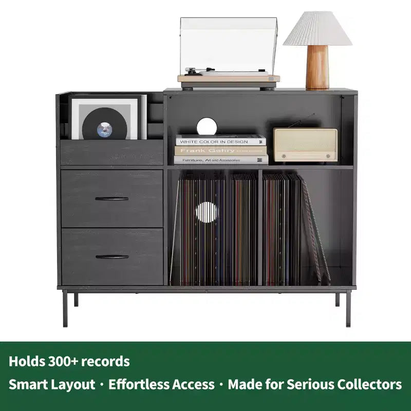 JVNOXK Eco-Friendly Flip-Top Turntable Stand - Wooden Vinyl Record Storage Cabinet with Dual-Socket Power Strip, Suitable for Living Room, Black