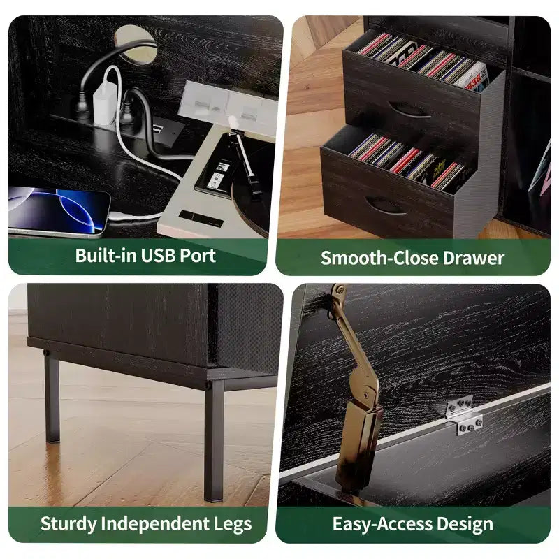 JVNOXK Eco-Friendly Flip-Top Turntable Stand - Wooden Vinyl Record Storage Cabinet with Dual-Socket Power Strip, Suitable for Living Room, Black