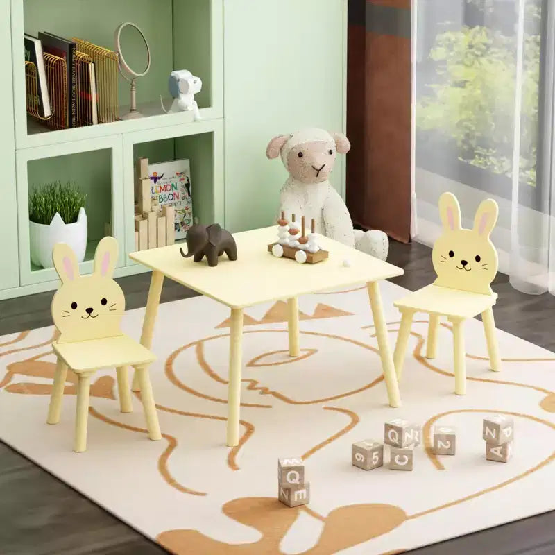 Kids Table and Chair Set with 2 Bunny Chairs, Children's Wooden Activity Table for Toddlers, Cute Animal Design Study Play Set for Playroom