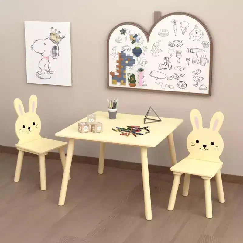 Kids Table and Chair Set with 2 Bunny Chairs, Children's Wooden Activity Table for Toddlers, Cute Animal Design Study Play Set for Playroom