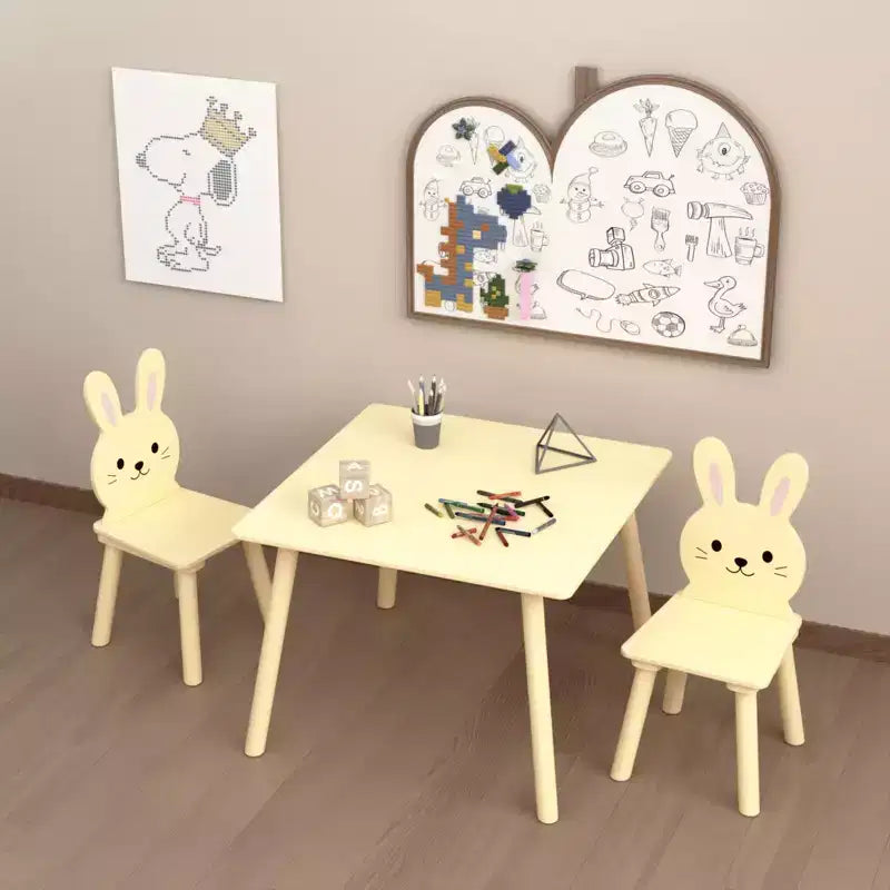 Kids Table and Chair Set with 2 Bunny Chairs, Children's Wooden Activity Table for Toddlers, Cute Animal Design Study Play Set for Playroom