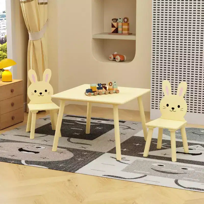 Kids Table and Chair Set with 2 Bunny Chairs, Children's Wooden Activity Table for Toddlers, Cute Animal Design Study Play Set for Playroom