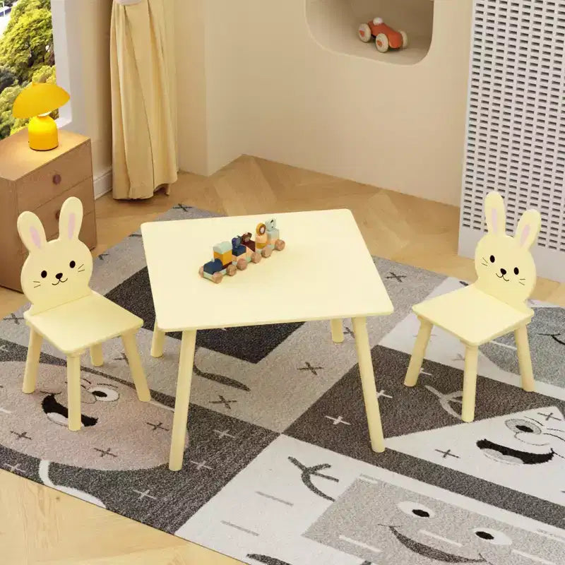 Kids Table and Chair Set with 2 Bunny Chairs, Children's Wooden Activity Table for Toddlers, Cute Animal Design Study Play Set for Playroom