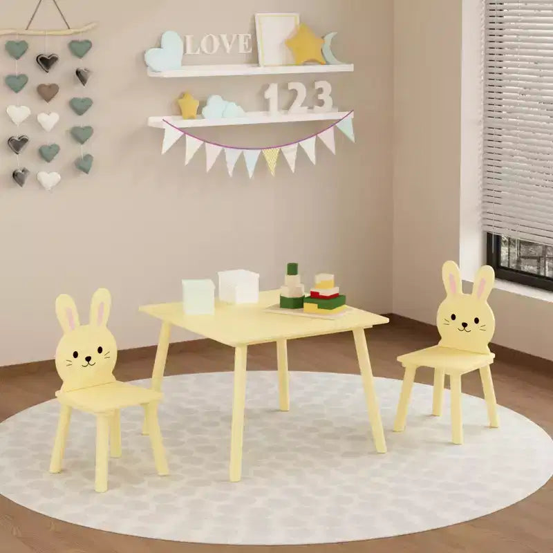 Kids Table and Chair Set with 2 Bunny Chairs, Children's Wooden Activity Table for Toddlers, Cute Animal Design Study Play Set for Playroom