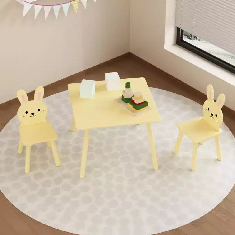 Kids Table and Chair Set with 2 Bunny Chairs, Children's Wooden Activity Table for Toddlers, Cute Animal Design Study Play Set for Playroom