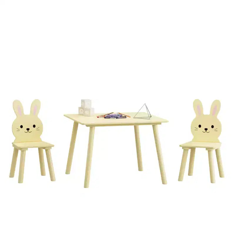 Kids Table and Chair Set with 2 Bunny Chairs, Children's Wooden Activity Table for Toddlers, Cute Animal Design Study Play Set for Playroom
