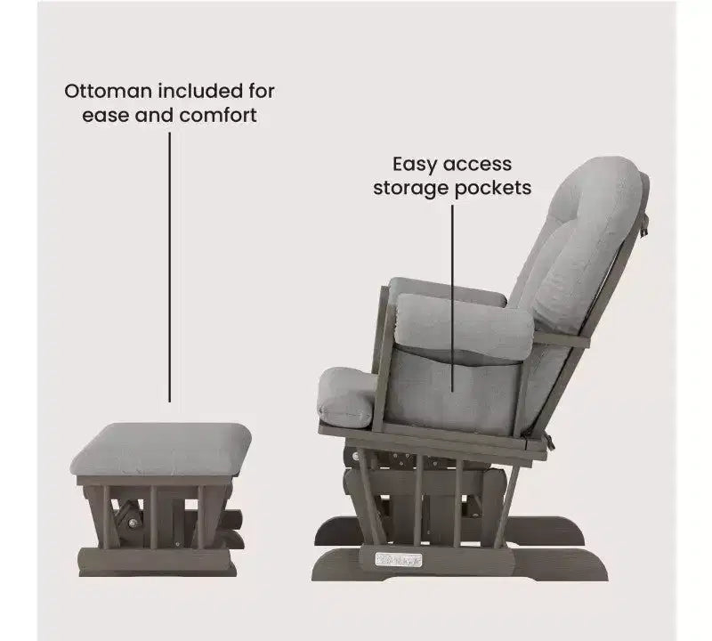 Child Craft Cozy Glider Rocker and Ottoman Set, Padded Cushion with Convenient Storage Pockets, Solid Wood Base & Frame