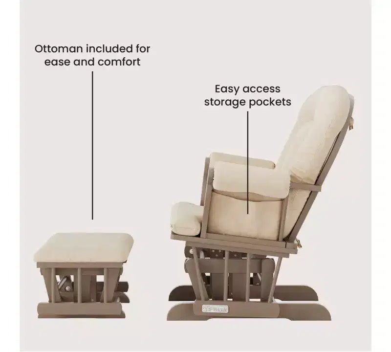 Child Craft Cozy Glider Rocker and Ottoman Set, Padded Cushion with Convenient Storage Pockets, Solid Wood Base & Frame