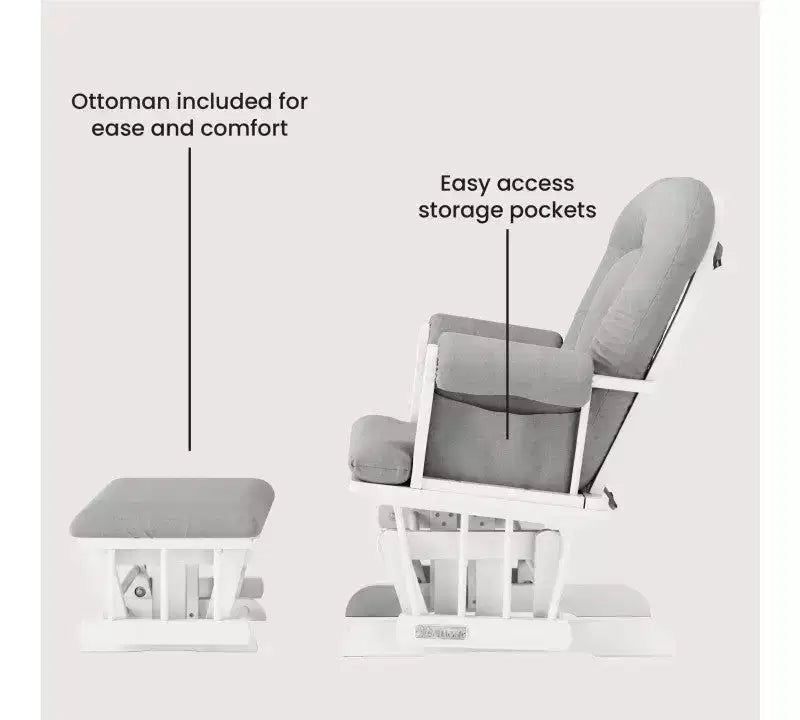Child Craft Cozy Glider Rocker and Ottoman Set, Padded Cushion with Convenient Storage Pockets, Solid Wood Base & Frame