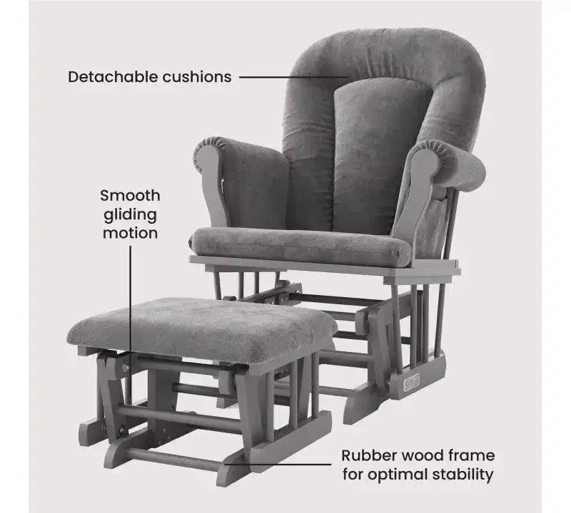 Child Craft Cozy Glider Rocker and Ottoman Set, Padded Cushion with Convenient Storage Pockets, Solid Wood Base & Frame
