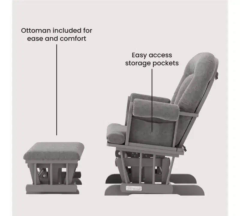Child Craft Cozy Glider Rocker and Ottoman Set, Padded Cushion with Convenient Storage Pockets, Solid Wood Base & Frame