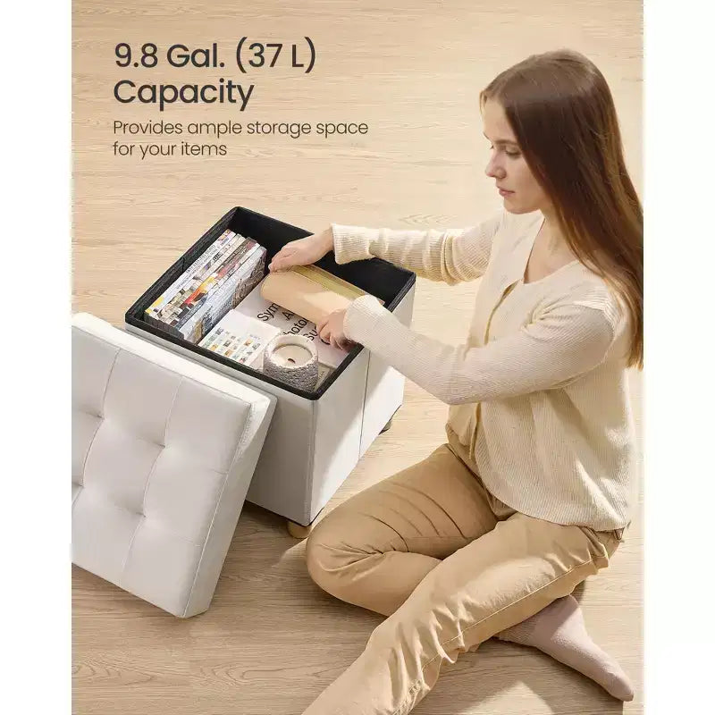 SONGMICS Small Storage Ottoman,Folding Ottoman Cube,15 x 15 x 15.7 Inches,Footstool,Footrest,9.8 Gal. (37 L),Velvet Surface