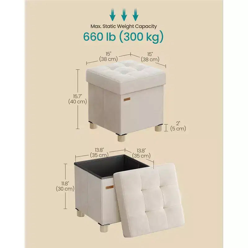 SONGMICS Small Storage Ottoman,Folding Ottoman Cube,15 x 15 x 15.7 Inches,Footstool,Footrest,9.8 Gal. (37 L),Velvet Surface