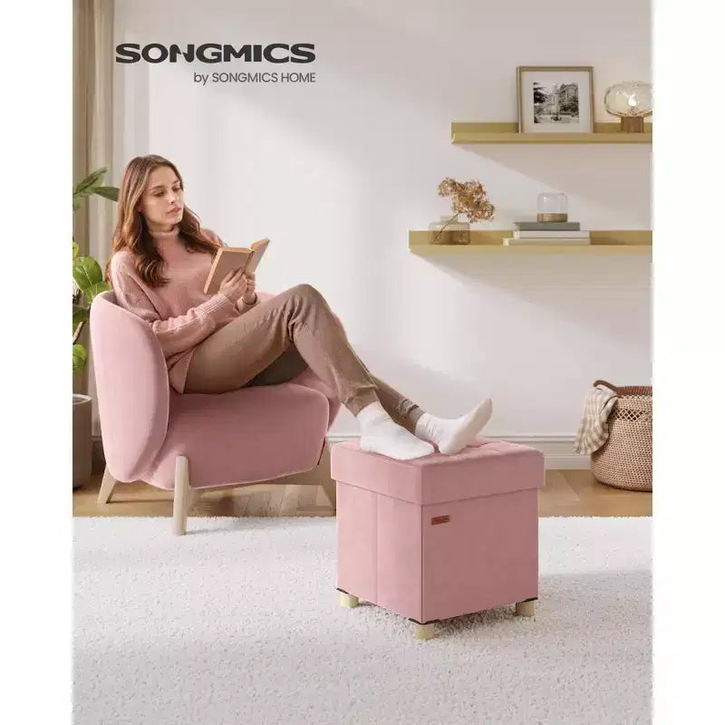 SONGMICS Small Storage Ottoman,Folding Ottoman Cube,15 x 15 x 15.7 Inches,Footstool,Footrest,9.8 Gal. (37 L),Velvet Surface