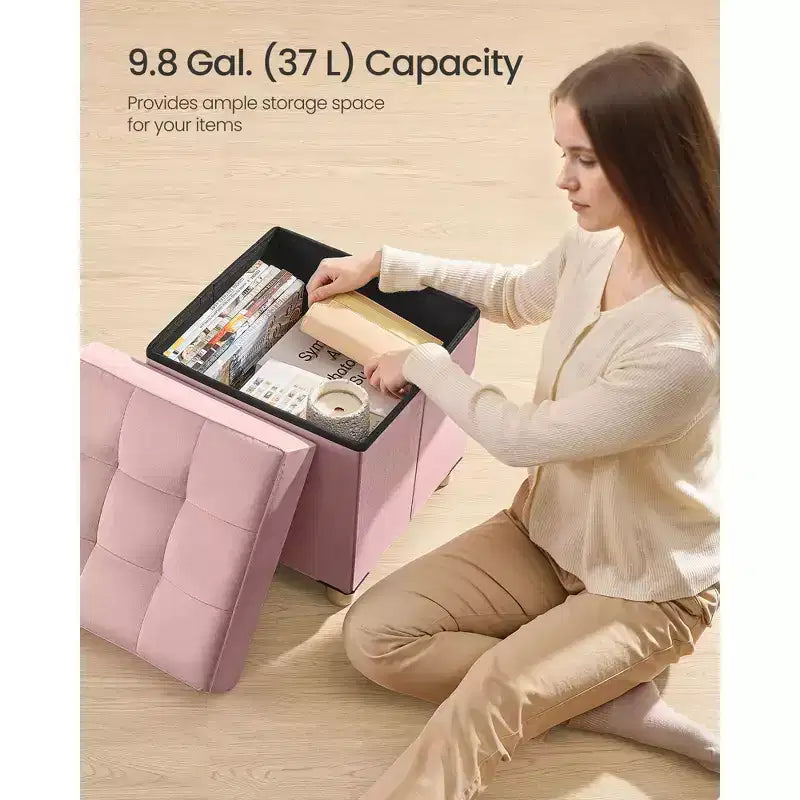 SONGMICS Small Storage Ottoman,Folding Ottoman Cube,15 x 15 x 15.7 Inches,Footstool,Footrest,9.8 Gal. (37 L),Velvet Surface
