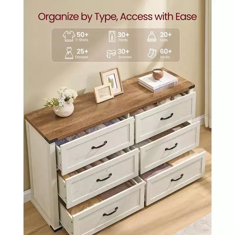 VASAGLE LIRY Collection - 6-Drawer Dresser,54-Inch Wide Modern Farmhouse Chest of Drawers with Metal Handles,TV Stand,Anti-Tipping