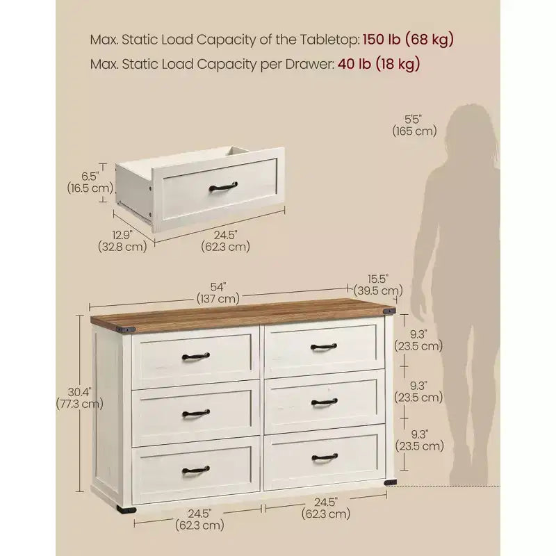 VASAGLE LIRY Collection - 6-Drawer Dresser,54-Inch Wide Modern Farmhouse Chest of Drawers with Metal Handles,TV Stand,Anti-Tipping