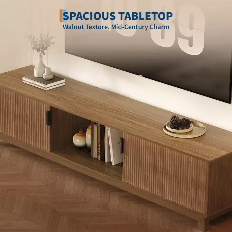 Mid Century Modern Low TV Stand, 70 Long Fluted TV Consoles Table with Open Storage Shelf for Living Room, Wooden Entertainment Center