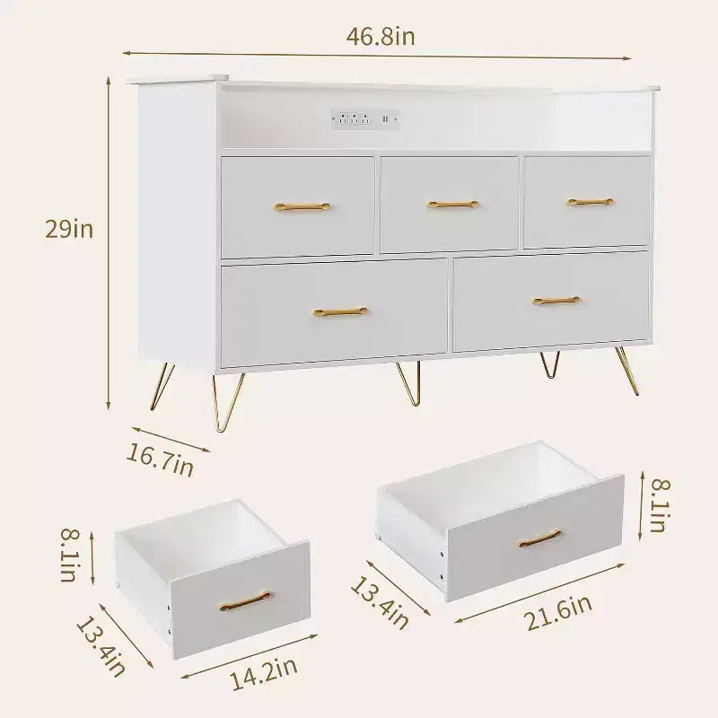 LED Dresser with Charging Station - Modern 5-Drawer 47 Wide Wooden Chest, Storage Organizer for Bedroom, Nursery, Hallway & Apartments
