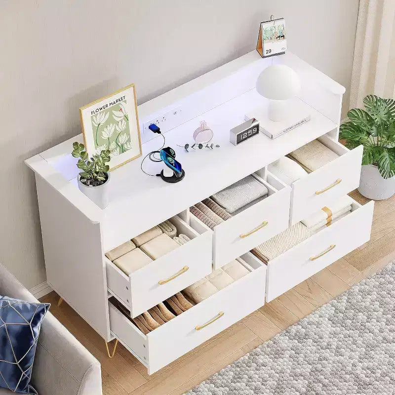 LED Dresser with Charging Station - Modern 5-Drawer 47 Wide Wooden Chest, Storage Organizer for Bedroom, Nursery, Hallway & Apartments